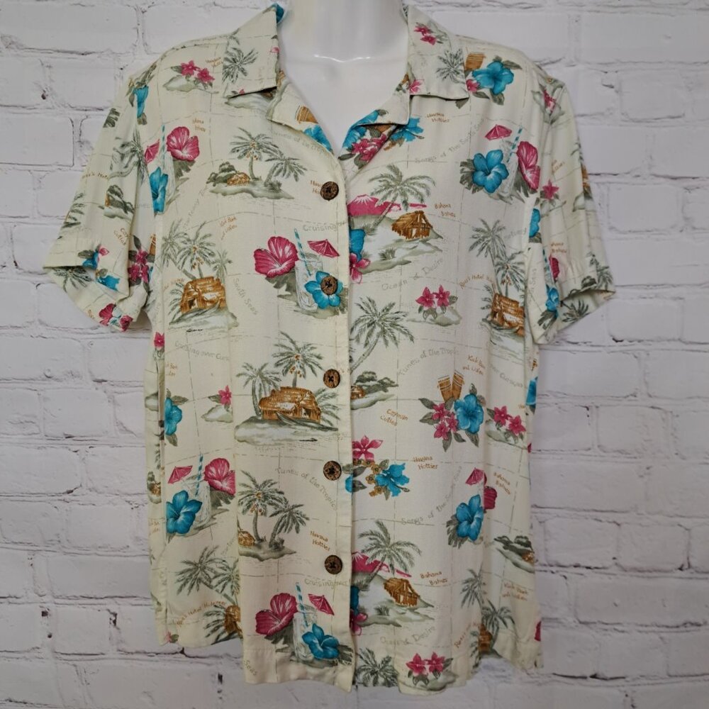Havana Jacks Cafe 100% Rayon Tropical Print Button Up Shirt Size Small